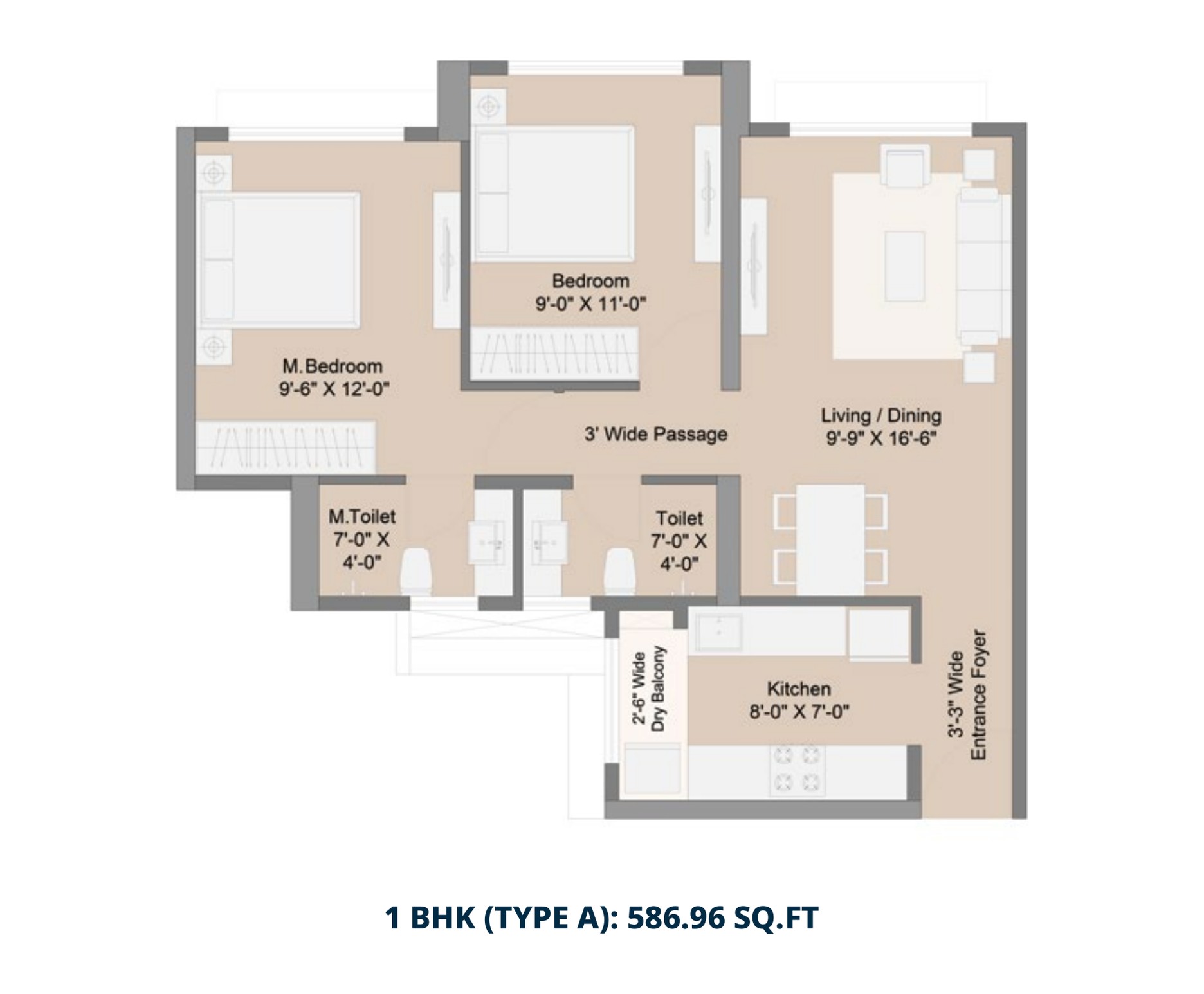 1 BHK (Type A) Unit Plan - 586.96 sq ft