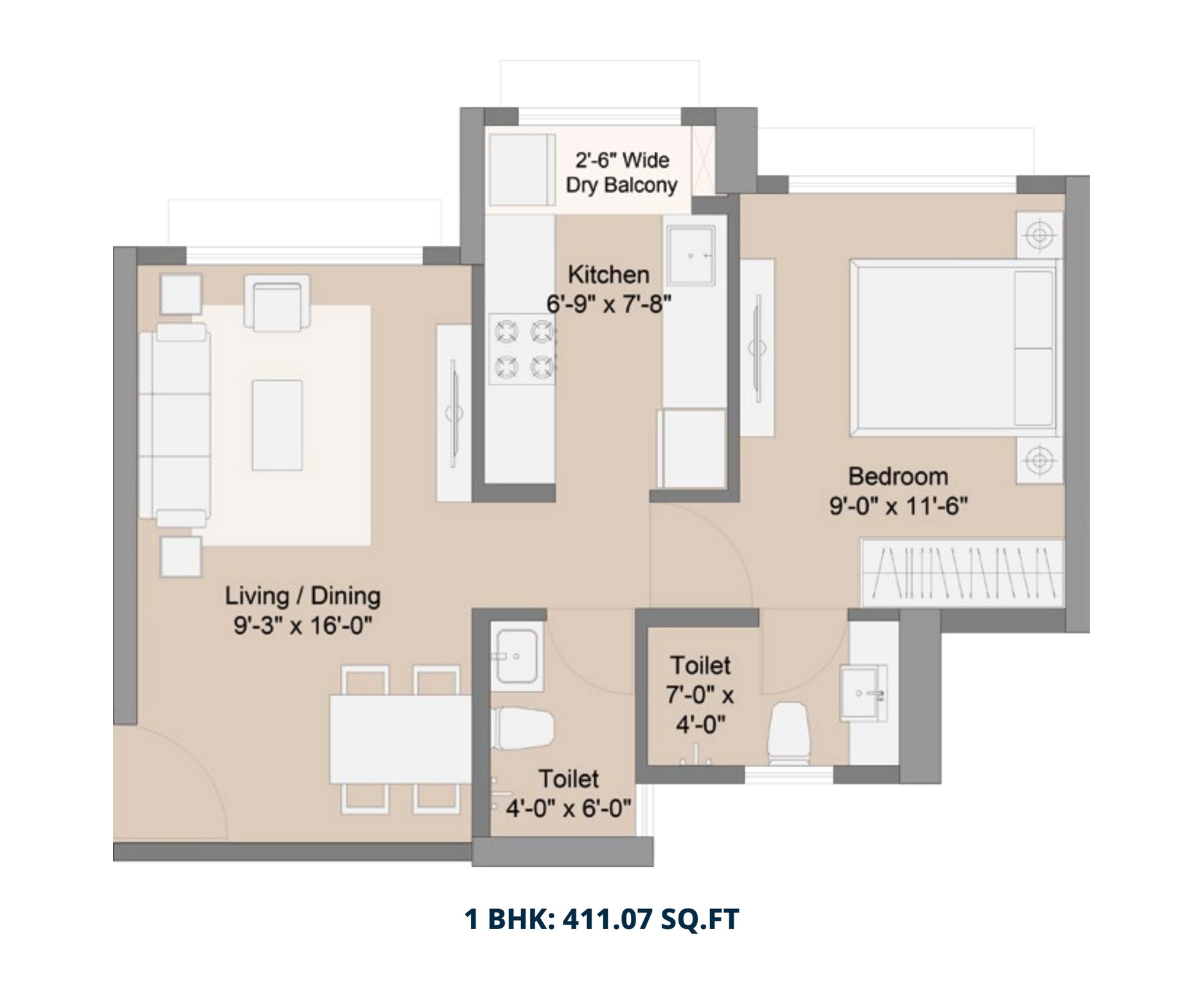 1 BHK Unit Plan - 411.07 sq ft